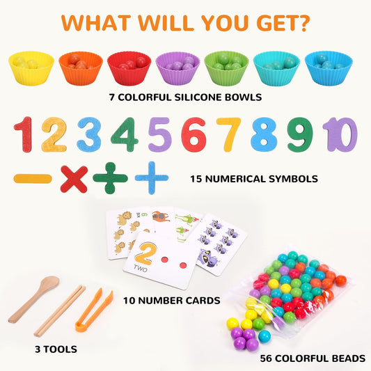 Wooden Peg Board Bead Game, Montessori Arithmetic Math Toy Set with Beads, Chopsticks & Spoons, Children's Preschool Fine Motor Toys for 3 4 5 Years Old