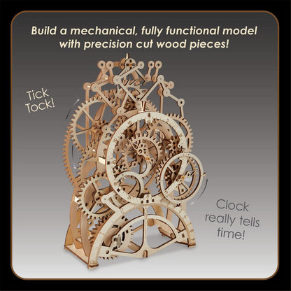MindWare Gearjits Clock – 3D Wooden Mechanical Model Kit for Teens and Adults, Build Your Own Working Clock witj Moving Gears