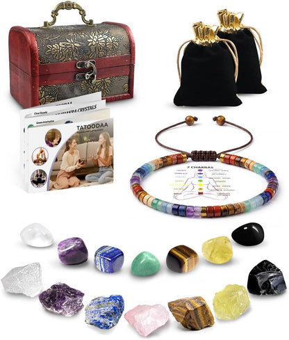 Crystals and Healing Stones, 9 Pcs Healing Crystals Set, 7 Chakra Crystal Stones Set Real Natural Selenite Pyramid Reiki Raw Rock Energy Protection Meditation with Wooden Box, Crystal Gifts for Women