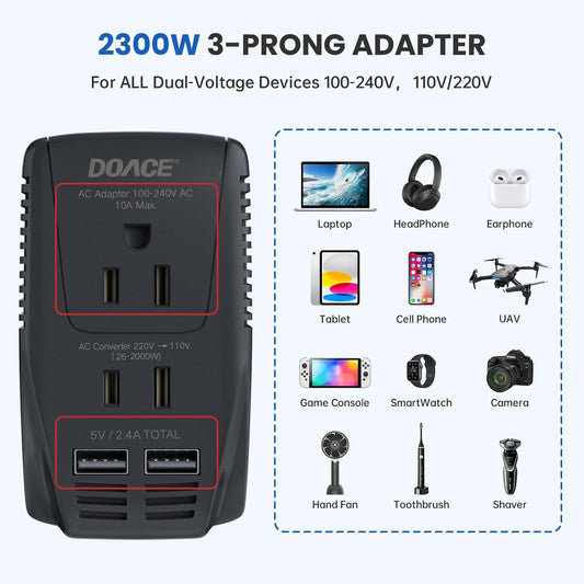 Upgraded 2000W Voltage Converter US to Europe -220V to 110V Converter for European Travel for Hair Dryer Straightener, 2300W Power Converter Adapter Combo with Dual USB for Tablet Camera Cell Phone