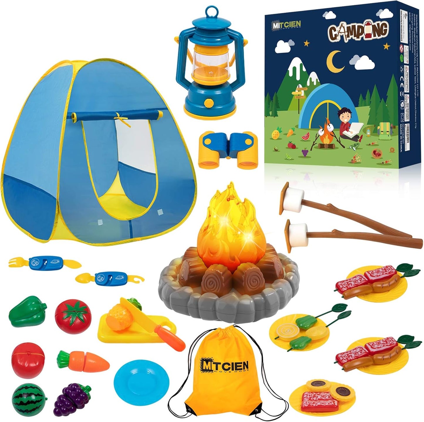 Mitcien Kids Camping Gear Set with Play Tent, Pretend Campfire, Fruits, Marshmallow, Camping Toys for Toddlers, Boys & Girls - Indoor & Outdoor Explore & Adventure