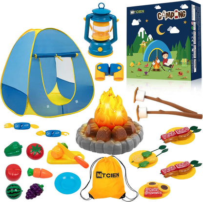 Mitcien Kids Camping Gear Set with Play Tent, Pretend Campfire, Fruits, Marshmallow, Camping Toys for Toddlers, Boys & Girls - Indoor & Outdoor Explore & Adventure