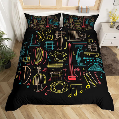 Drum Kit Comforter Cover Abstract Musical Instruments Bedding Set for Kids Boys Teens,Pop Music Duvet Cover Modern Rock Quilt Cover, Teal Laser Light Bedroom Decor Twin Size Blue Green Black