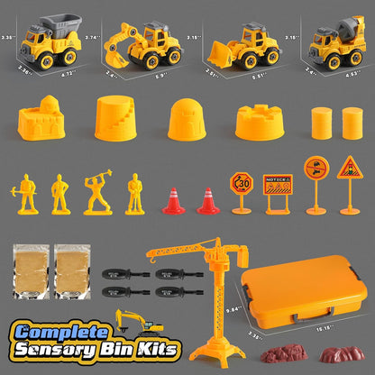 OENUX Play Sand Construction Set, Beach Building Castle Kit w/ 2.2lbs Play Sand, 4 Take Apart Construction Trucks Toys and Signs, Sensory Sandbox with Cover for Boy Girl Kid Toddlers Age 3-8