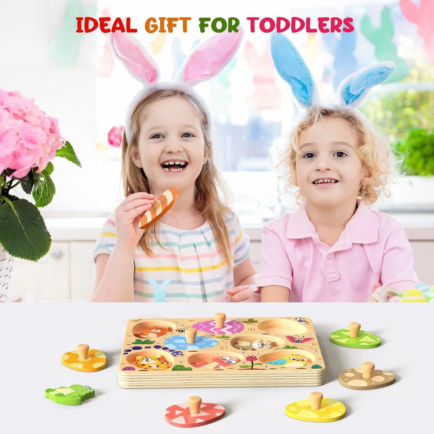 Zeoddler Wooden Puzzles for Toddlers, 8 Pcs Dinosaur Matching Egg Puzzle, Montessori Toys for Boy Girl Easter Birthday Gifts, Preschool Learning Activities & Educational Toys for Boys, Girls