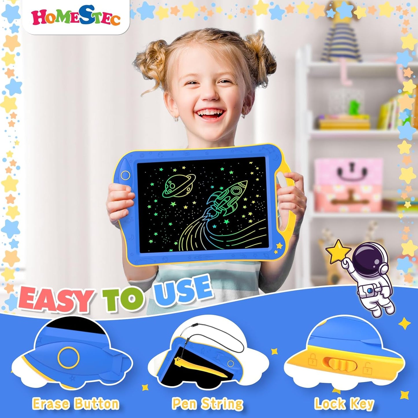 [ClimatePartner Certified] HOMESTEC Astrodraw Drawing Pad, Colorful LCD Writing Tablet for Kids, Doodle Board for Toddlers 3 4 5 6 Years Old, Travel Toy Birthday Gift for Boys Girls (Aqua/Purple)