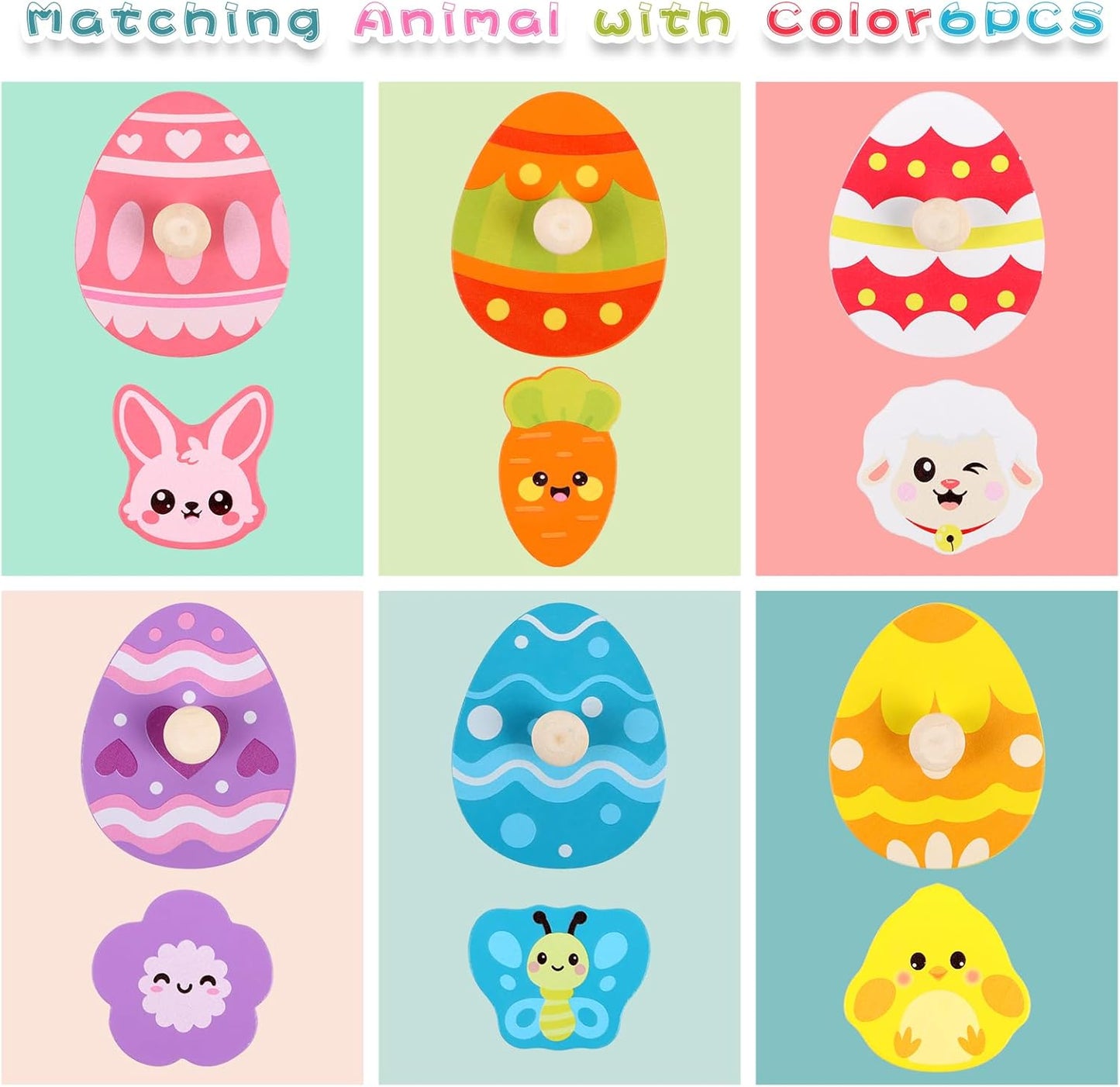 CCINEE Easter Wooden Peg Puzzles for Toddlers 1-3, 6 Pcs Matching Egg Puzzle Montessori Educational Toys for Easter Basket Stuffers Party Favors Learning Activities