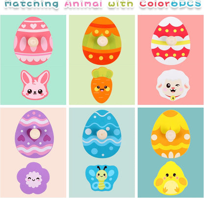 CCINEE Easter Wooden Peg Puzzles for Toddlers 1-3, 6 Pcs Matching Egg Puzzle Montessori Educational Toys for Easter Basket Stuffers Party Favors Learning Activities