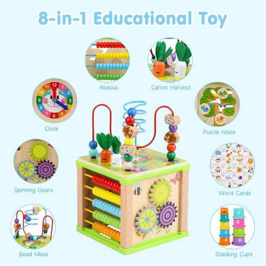 Wooden Activity Cube,Montessori Toys Gift Set for 12+ Months Boys & Girls,Educational Learning Toys for Toddlers Age 1+,First Birthday Gift for Baby