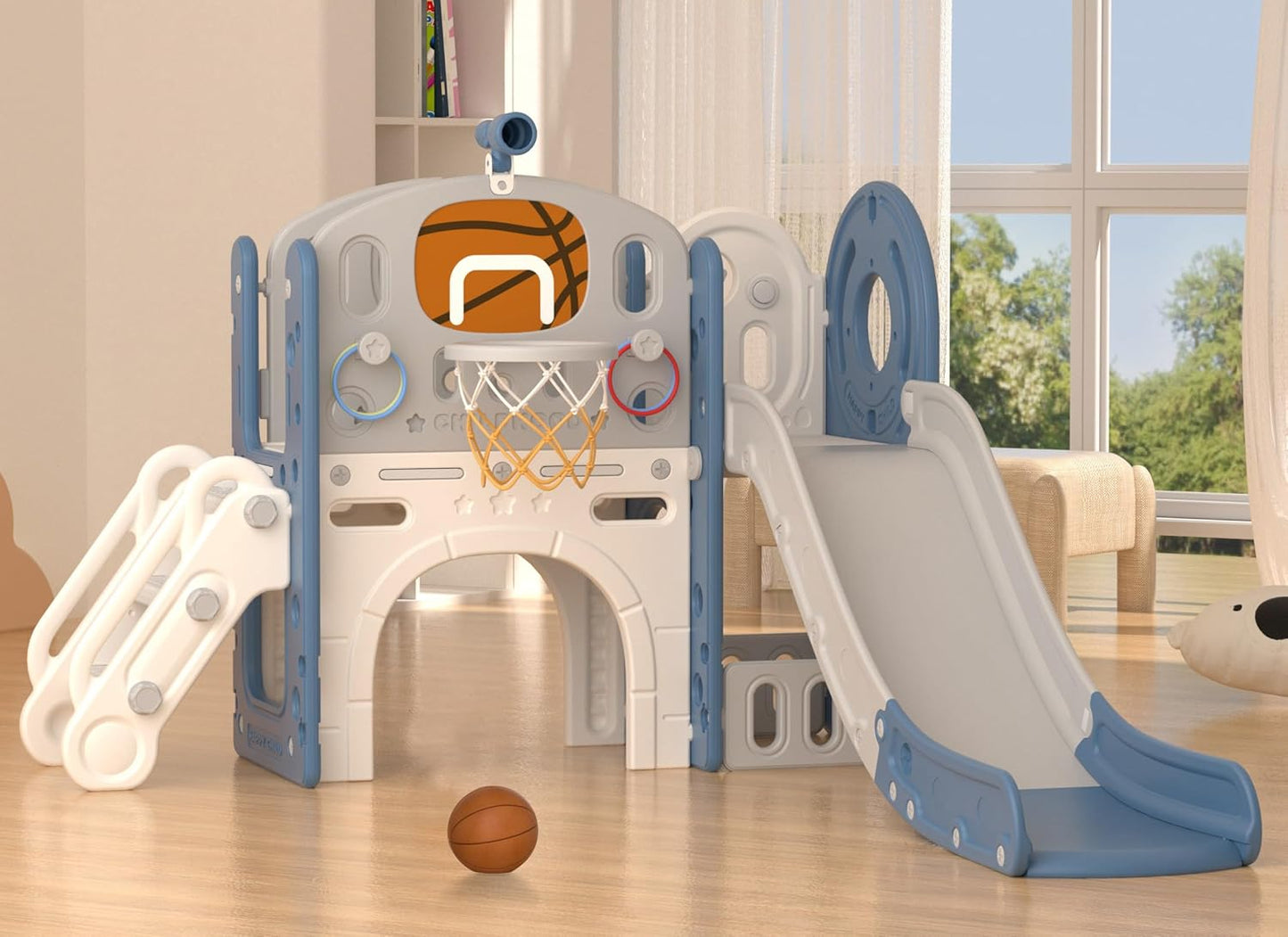YUFU 9 in 1 Toddler Slide Set, Kids Slide for Toddlers Age 1-3, Toddler Playset with Climber and Basketball Hoop, Kids Indoor Outdoor Playground (Beige+Coffee)