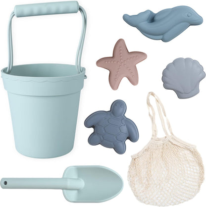 BLUE GINKGO Silicone Beach Toys - Modern Baby | Travel Friendly Toys Set | Silicone Bucket, Shovel, 4 Sand Molds, Beach Bag | Sand Toys for Toddlers, Kids - Yellow