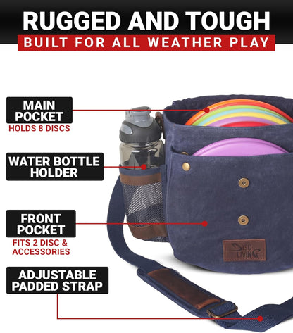 Disc Golf Bag | Frisbee Golf Bag | Easy to Carry | Lightweight Fits Up to 10 Discs | 16 oz Waxed Canvas Sturdy Design | Belt Loop | Double Button Design | Bottle Holder