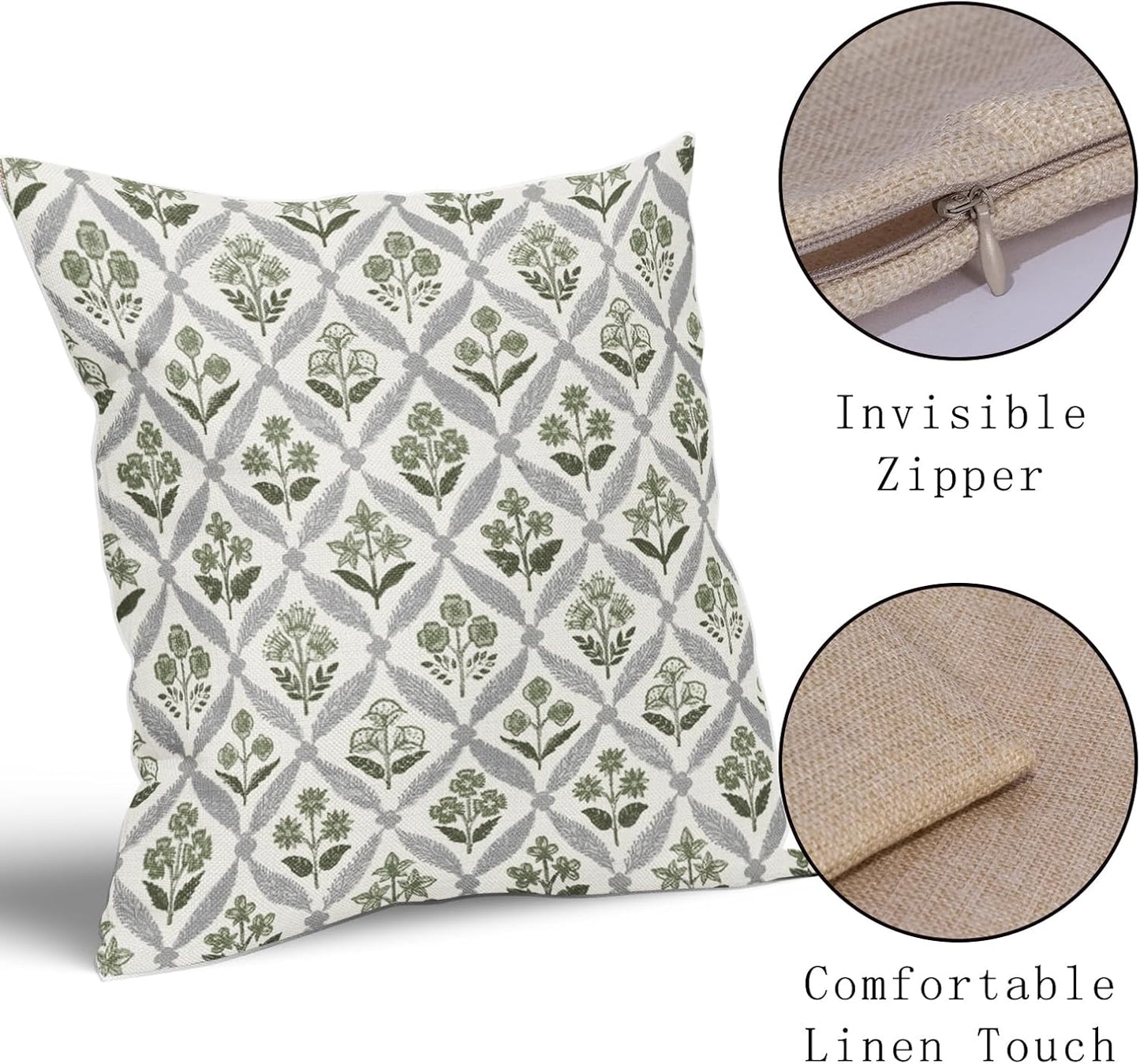 Blue Green Floral Block Print Pillow Covers 12X20 Set of 2, Flower Pattern Spring Summer Print Decorative Throw Pillow Covers Outdoor Farmhouse Seasonal Cushion Case Couch Sofa Bed Decor