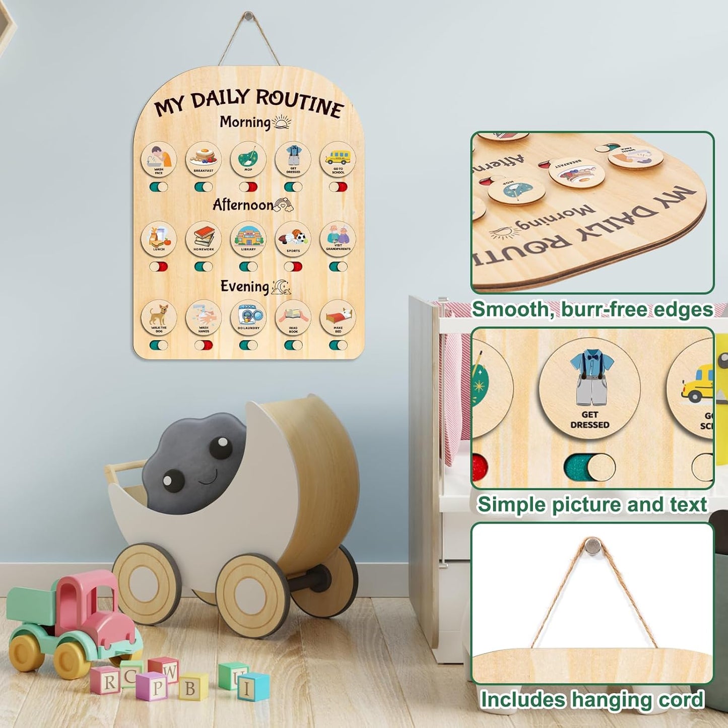 Wooden Chore Chart for Kids - Daily Visual Routine Schedule with 80 Task Cards & Sliding Buttons | Morning & Bedtime Responsibility Board for Toddlers Ages 3-5 | Montessori Educational Gift