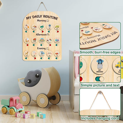 Wooden Chore Chart for Kids - Daily Visual Routine Schedule with 80 Task Cards & Sliding Buttons | Morning & Bedtime Responsibility Board for Toddlers Ages 3-5 | Montessori Educational Gift