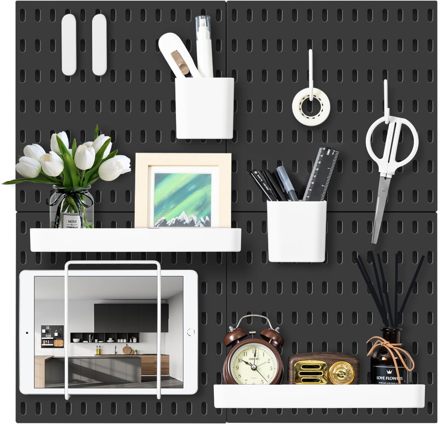 VUSIGN Pegboard Combination Wall Organizer Kit, 4 Pieces Pegboards and 17 Accessories Modular Hanging, Wall Mount Display Peg Board Panel Kits for Bedroom, Home, Office, Bathroom, 22" x 22", Pink