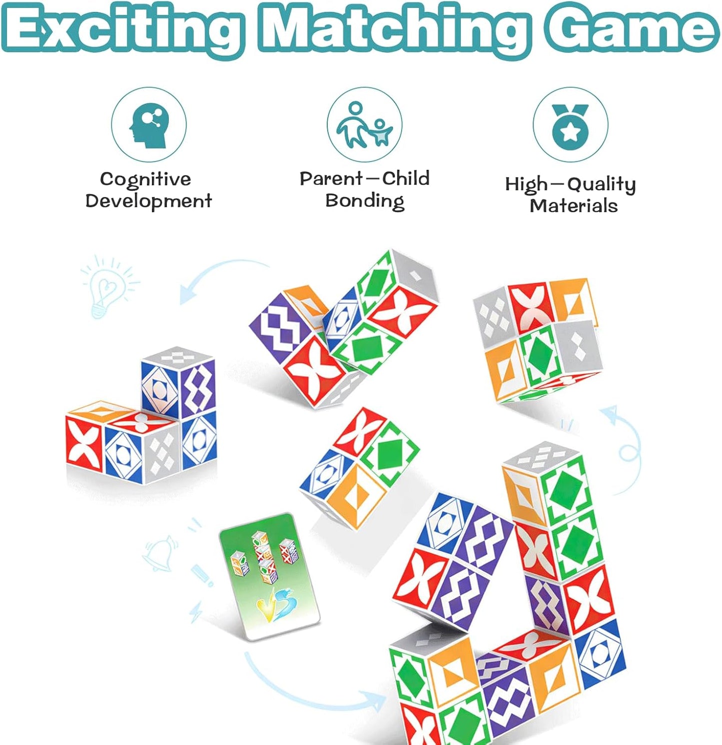 Matching Game for Kids Ages 4-8 8-12, 2 Player Family Board Games with 50 Challenge Cards, Pattern Recognition Block STEM Toys, Brain Teaser Puzzles for Adults & Teens
