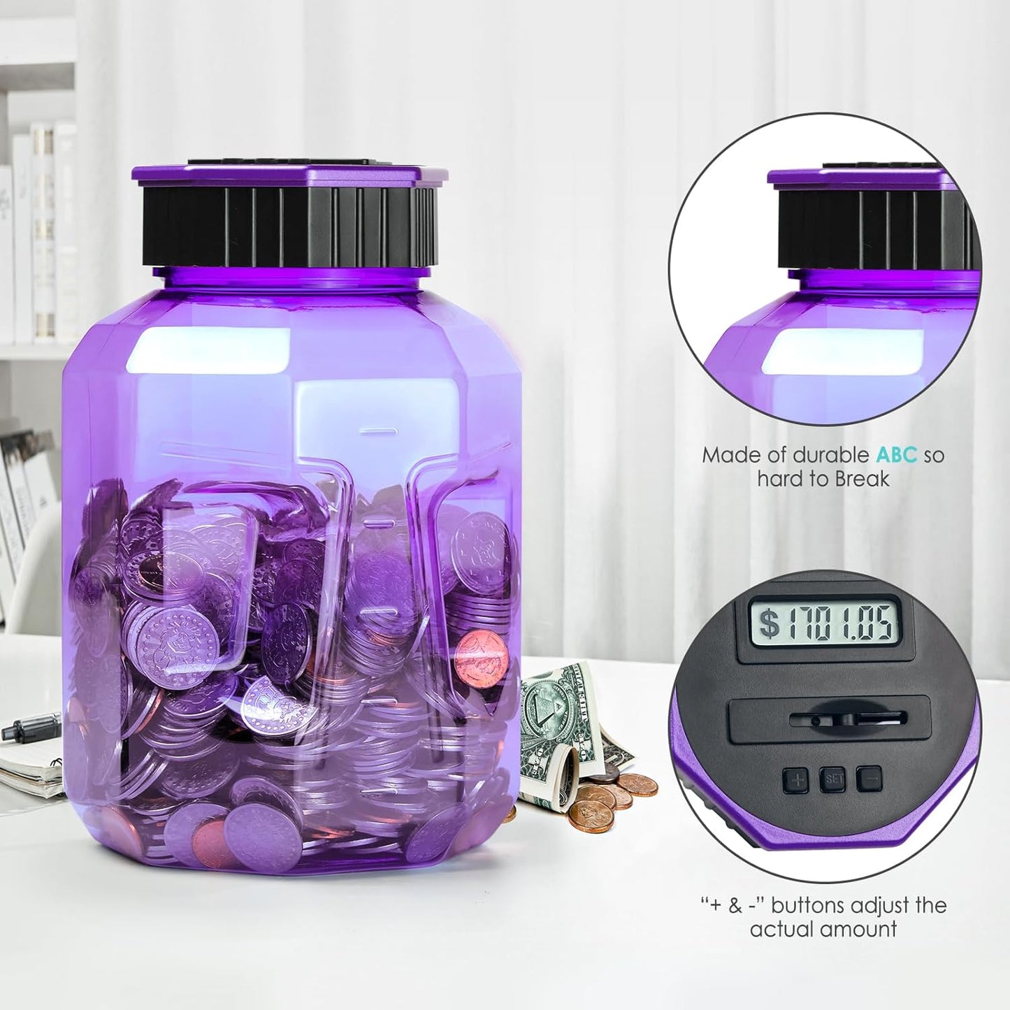 X-Large Piggy Bank for Adults Kids, Vcertcpl Digital Coin Counting Bank with LCD Counter, 2.4L Capacity, Great Coin Counter Bank Money Counting Jar with Total Amount Displayed (Purple)