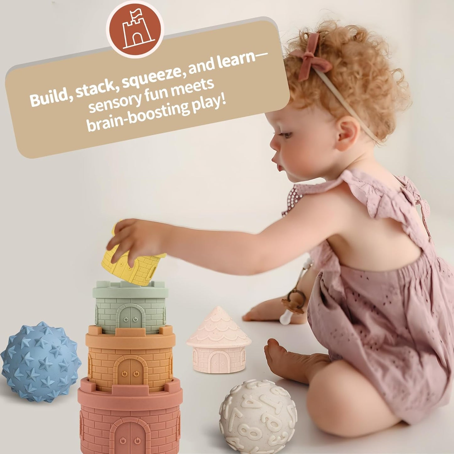 Montessori Sensory Toys Bundle: 8PCS Stacking Cups & Castle Nesting Blocks + Hand-Catching Sensory Balls & Baby Rattle, Textured Teether & Bath Toys for Babies 3–6M & Toddlers 1–3