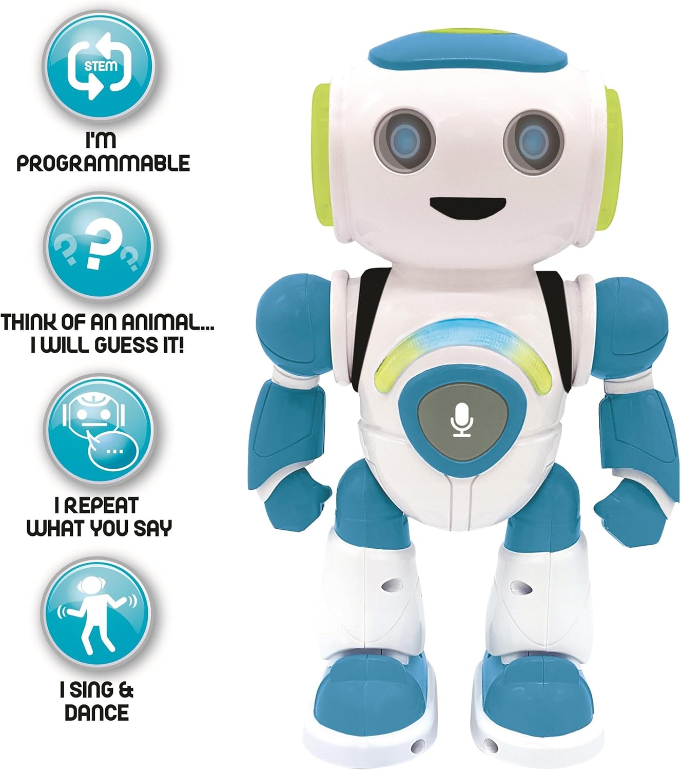 LEXiBOOK Powerman Max - Remote Control Walking Talking Toy Robot STEM Programmable Dances Sings Telling 10,000 Stories 300+ Learning Quiz Shooting Discs and Voice Repeat for Kids 4+ - ROB80EN, White