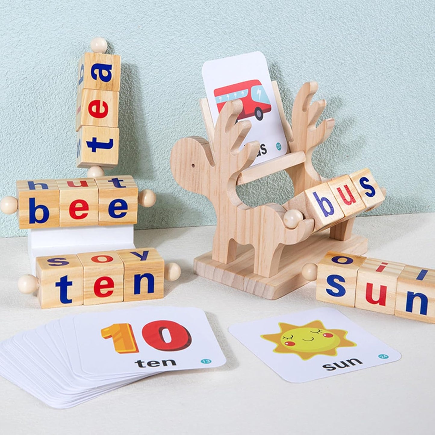 Wooden Reading Blocks, 5 Sets of Short Vowel Rods and 40 Sight Words Flash Cards, Turning Rotating Letter Puzzle for Kids, Montessori Spelling Toy for Preschool Boys Girls Ages 3+