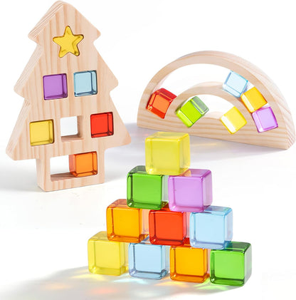 Woodtoe Wooden Building Blocks Set for Kids, 36 PCS Rainbow Acrylic Gem Blocks - 3 Wood House, Montessori Stacking Toy for Toddlers, Educational STEM Birthday Creative Toy Gift for Boys Girls 3-6