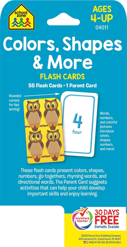 School Zone Colors, Shapes & More Flash Cards: 56 Cards, Preschool, Kindergarten, Pictures, Numbers, Rhyming Words, Directional Words, Shape Recognition, Ages 4+