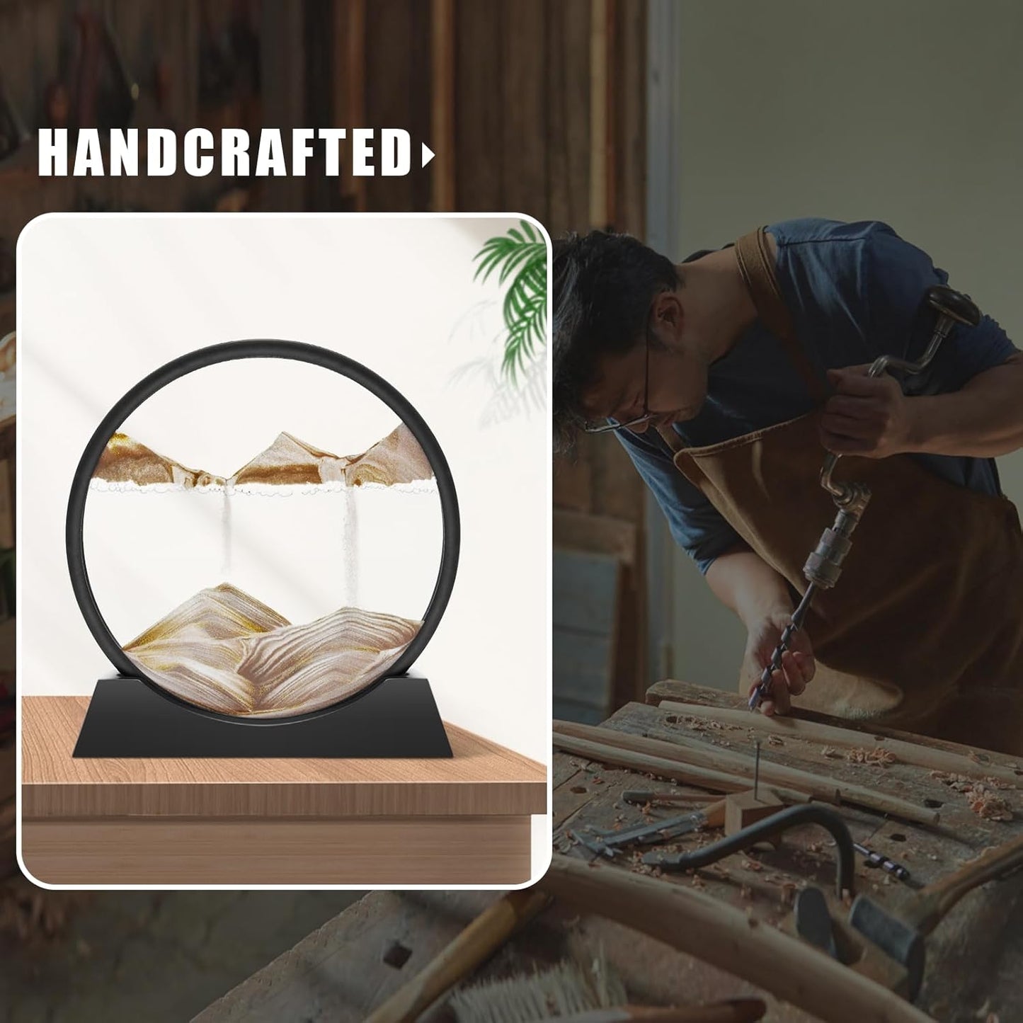 Wai Danie Moving Sand Art Picture 3D Hourglass Deep Sea Sandscape Liquid Motion Display Painting Flowing Sand Frame Relaxing Desktop Home Office Work Decor (Black, 12 Inches)