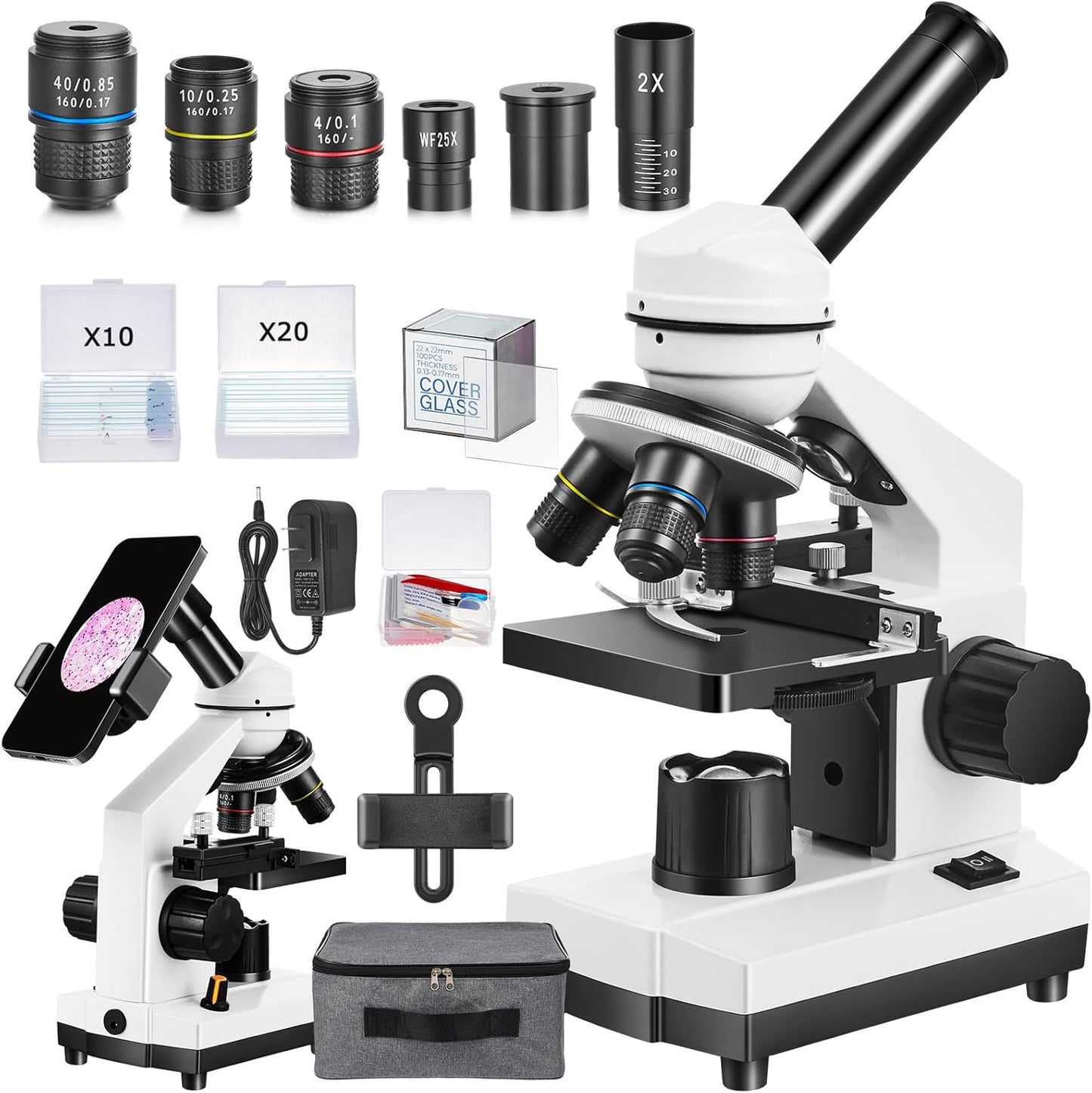 Fitense Microscope for Adults Kids,40X-2000X Monocular Microscope Kit for Home School Lab, 2 LED Lights & 5 Colors Kids Microscope with Phone Holder,10 Specimen Slides,20 Slides,100 Coverslips, Bag