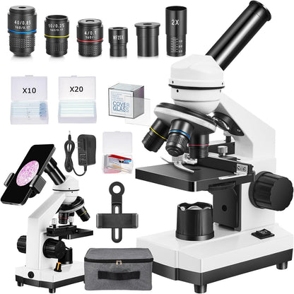 Fitense Microscope for Adults Kids,40X-2000X Monocular Microscope Kit for Home School Lab, 2 LED Lights & 5 Colors Kids Microscope with Phone Holder,10 Specimen Slides,20 Slides,100 Coverslips, Bag