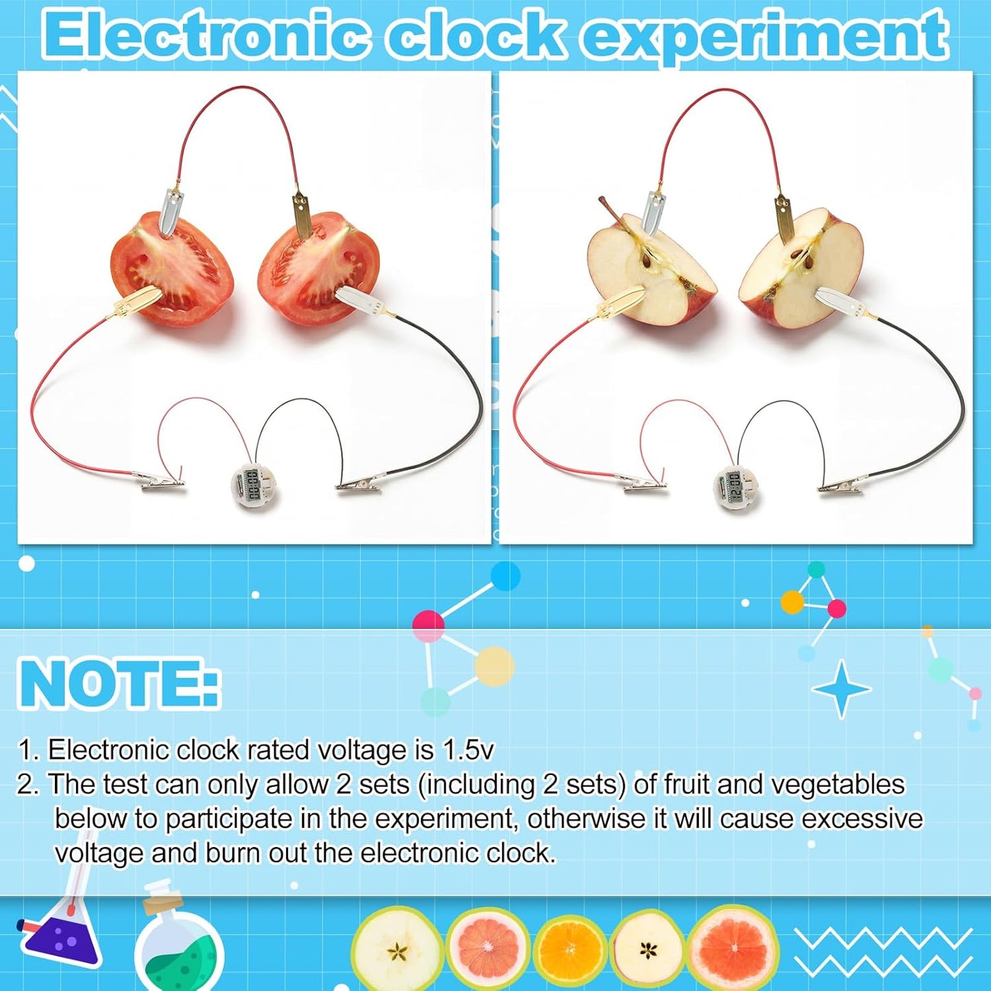 Soulchen 12 Sets Fruit Battery Scientific Experiment Kit with Electronic Clock for Home Teaching Accessories, Orange Lemon Potato Battery Physics Teaching Experiment Educational