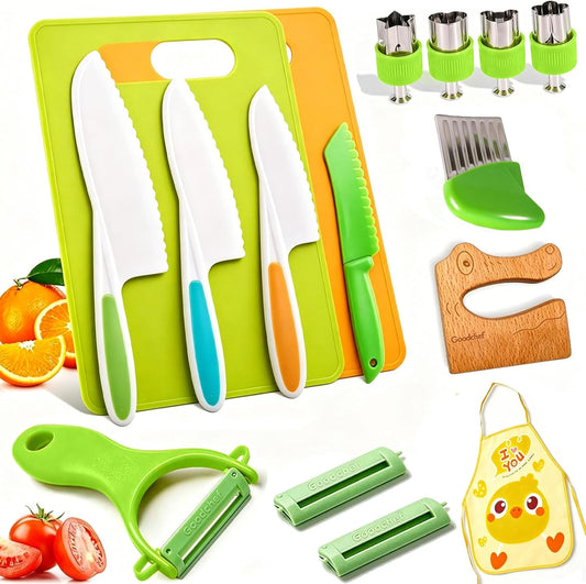 16PCS Kids Cooking Set with Safe Peeler – Montessori Kitchen Tools for Kids Real Kids Knife Set Child-Safe Plastic Knives Toddler Cooking Set Toy Suitable for Ages 3-10 for Toddler