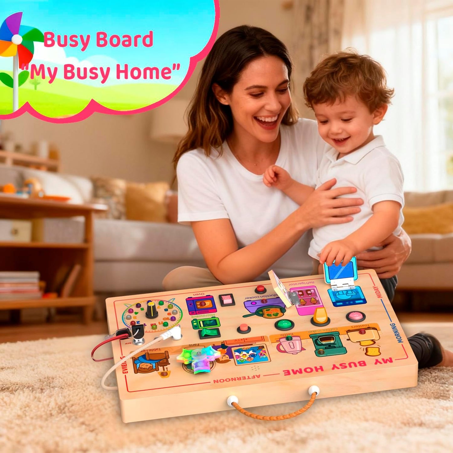 UdoUto Montessori Wooden Busy Board for Toddlers with LED Light Lights & Switches,Portable Activity Board for Car & Airplane Travel Toys, Christmas & Birthday Gift for 1-3 Year Old Boys & Girls