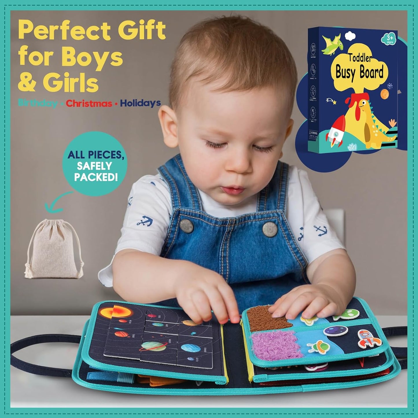 Toddler Sensory Busy Board: Travel Toy Activity Book for Girls Boys, Motor Skill Development Gift for Baby Aged 3-4 Years, Fine Educational Preschool Montessori Learning Toy for Car Airplane Dinosaur