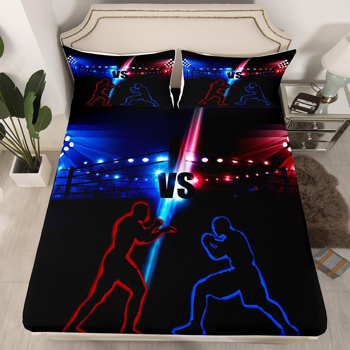 Manfei Musical Kids Fitted Sheet Full Size, MusicalGuitar Radio Drum Kit Headset Print Bedding Set 3pcs for Boys Girls, Rock Music Bed Cover with 2 Pillowcases, Soft Polyester Bedding, No Top Sheet