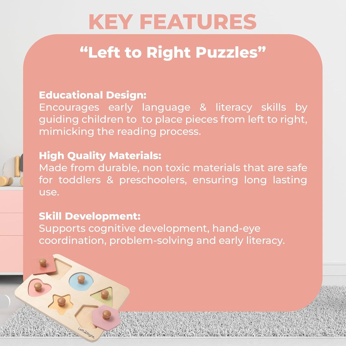 LEFT2RIGHT Wooden Puzzle for Toddlers 1-3 | Montessori Puzzle for 2 Year Old | Best Educational Puzzle for Motor Skills & Sensory Learning | Wooden Peg Puzzles for Toddlers 1-3 Transportation Edition