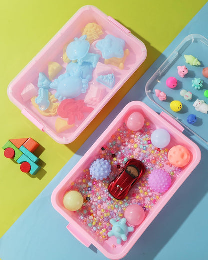 Sensory Bin Sand Tray with Lid for Toddlers 2 Pcs 15in Portable Sandbox Toy Large Plastic Tray for Kids 3 4 5 6 Fill with Sand, Water, Beads, and More (Green+Blue)