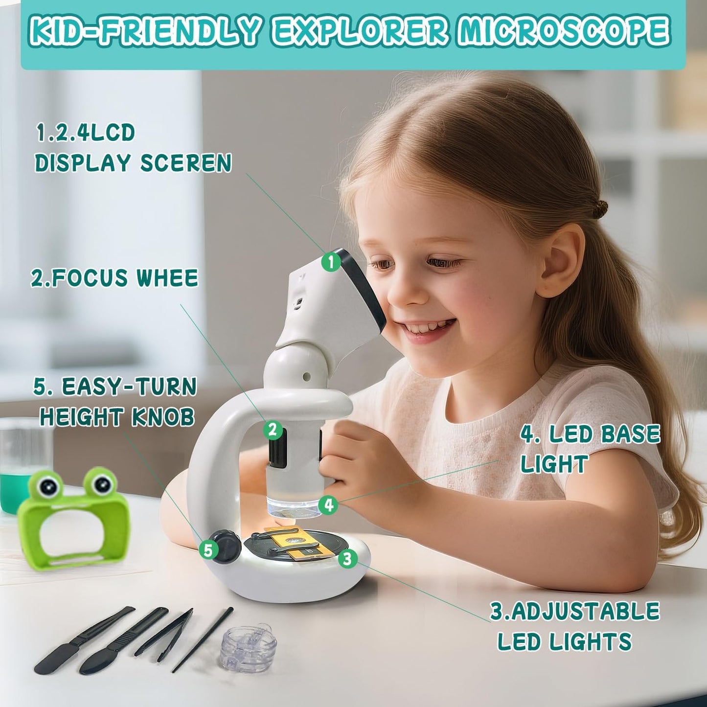 Microscope for Kids with 12 Slides, 200X-1000X,2.4" Screen Digital Handheld Kids Microscope Kit, Portable Pocket Removable Miniscope Science Toys Gifts for for 3 4 5 6 7 8 9 10 11 12 Year Old