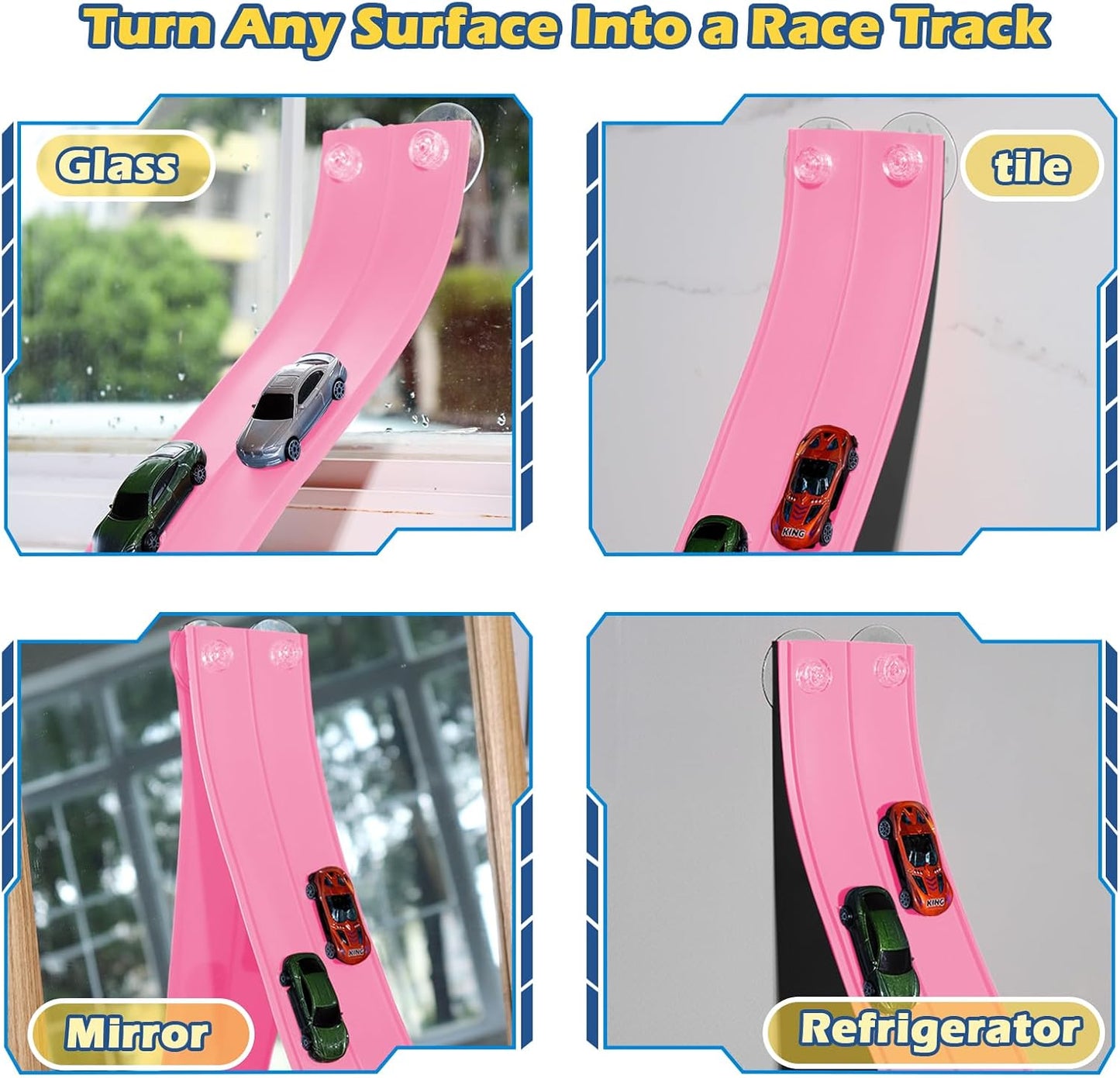 Flex Tracks 15 Ft Starter Set Flexible Race Track for Kids 3+, Flexible Car Track Race Car Ramp Track Compatible with Diecast 1/64th Cars, Portable Rolls Up Race Tracks with Strong Suction Cups