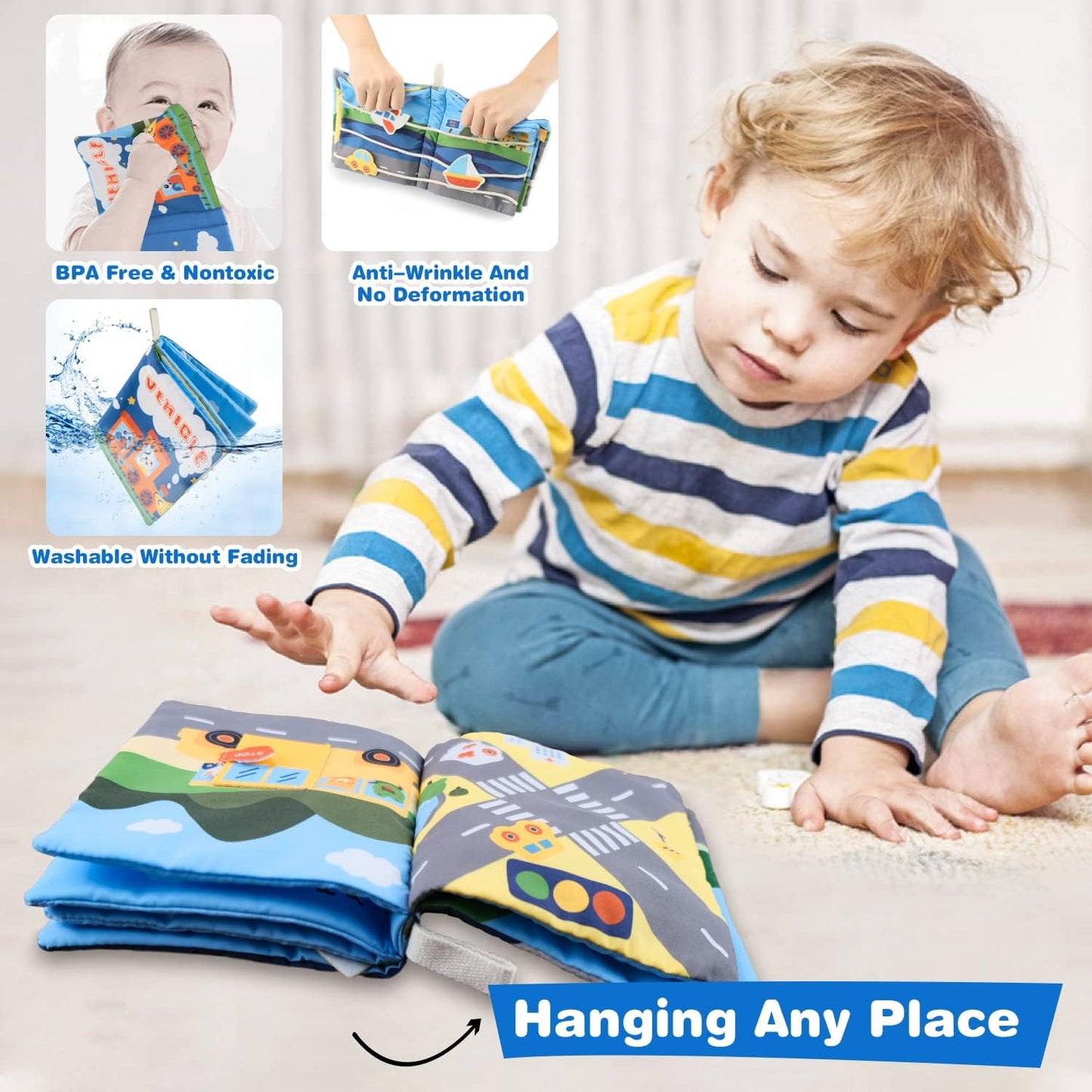 Richgv Baby Books Toys 0-6-12 Months, Baby Boy Gifts Touch and Feel Crinkle Books with Dino Doll, Newborn Infant Carseat Toys 6-9-12 Months Shower Gifts Easter Basket Stuffers