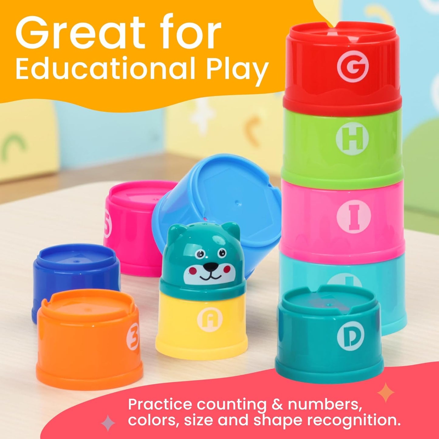 Educational Stacking Toys for Toddlers 1–3 | Numbers & Alphabet Stacking Cups Set | 10-Piece Baby Stacking Cups for Babies 6–12 Months & Toddlers 1–3 | Montessori Learning Toy, Rainbow (10Pcs)
