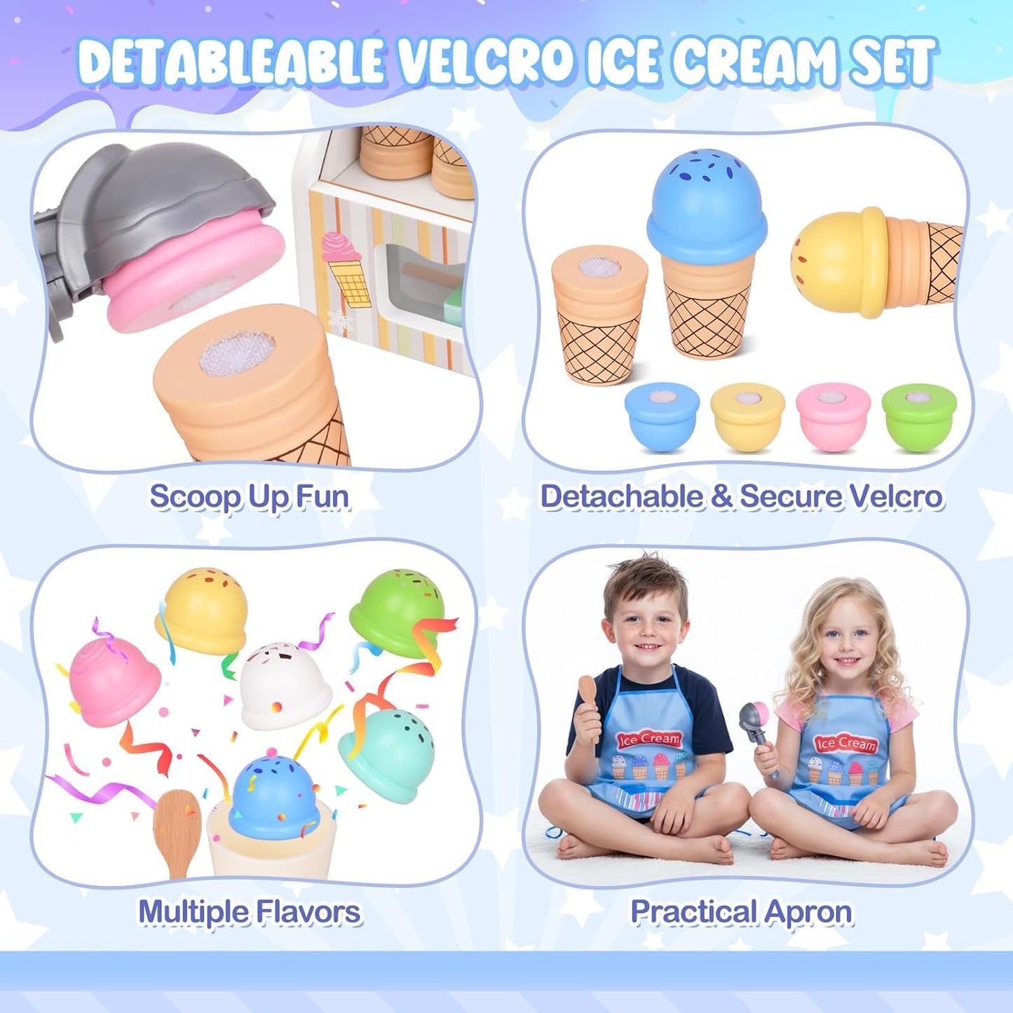 Wooden Ice Cream Toy, Ice Cream Counter Playset for Kids, Toddler Pretend Play Kitchen Accessories with Colorful Apron, Scoop, Menu, Fake Money, Birthday Gift Toys for 2 3 4 5 6 Year Old Boys Girls
