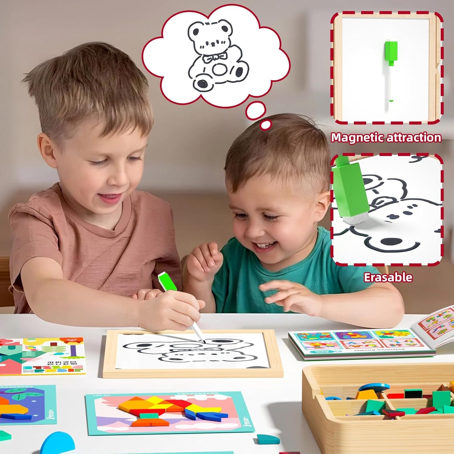 Wooden Magnetic Pattern Blocks Set with Cards, 288 PCS Montessori Tangram Puzzle Learning Toys for Toddlers 4-8, Educational STEM Gift for Kids Boys Girls 4 5 6 7 8