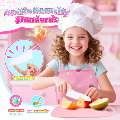 Kids Baking Cooking Set Real & Toddler Kid Apron, Kids Knife Set for Real Cooking & Basket,Food-Grade Material,Montessori Toddler Kitchen Tools, Christmas Birthday Gift for 3-10 Year Old Girls Boys