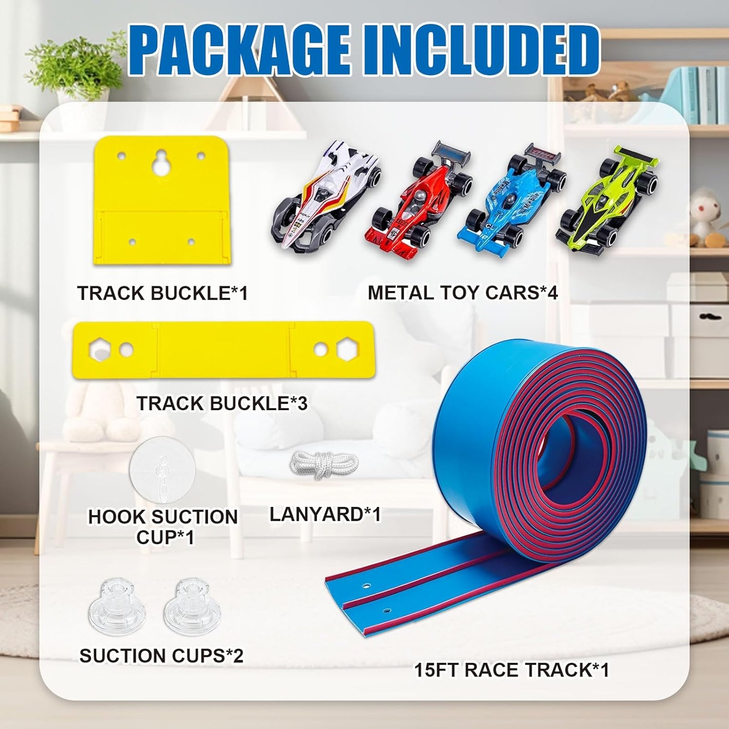 Flexible Race Track Toys for Kids, 15 Ft Double Lane Racetrack with 4 Cars & Suction Cups, Compatible with Hot Wheels & 1/64 Diecast Cars, Portable Roll Up Car Ramp Track Set for Ages 3+(Yellow&Blue)