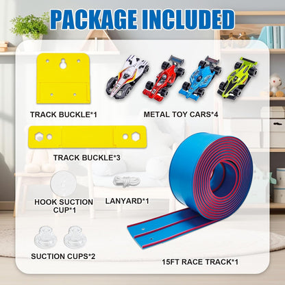Flexible Race Track Toys for Kids, 15 Ft Double Lane Racetrack with 4 Cars & Suction Cups, Compatible with Hot Wheels & 1/64 Diecast Cars, Portable Roll Up Car Ramp Track Set for Ages 3+(Yellow&Blue)