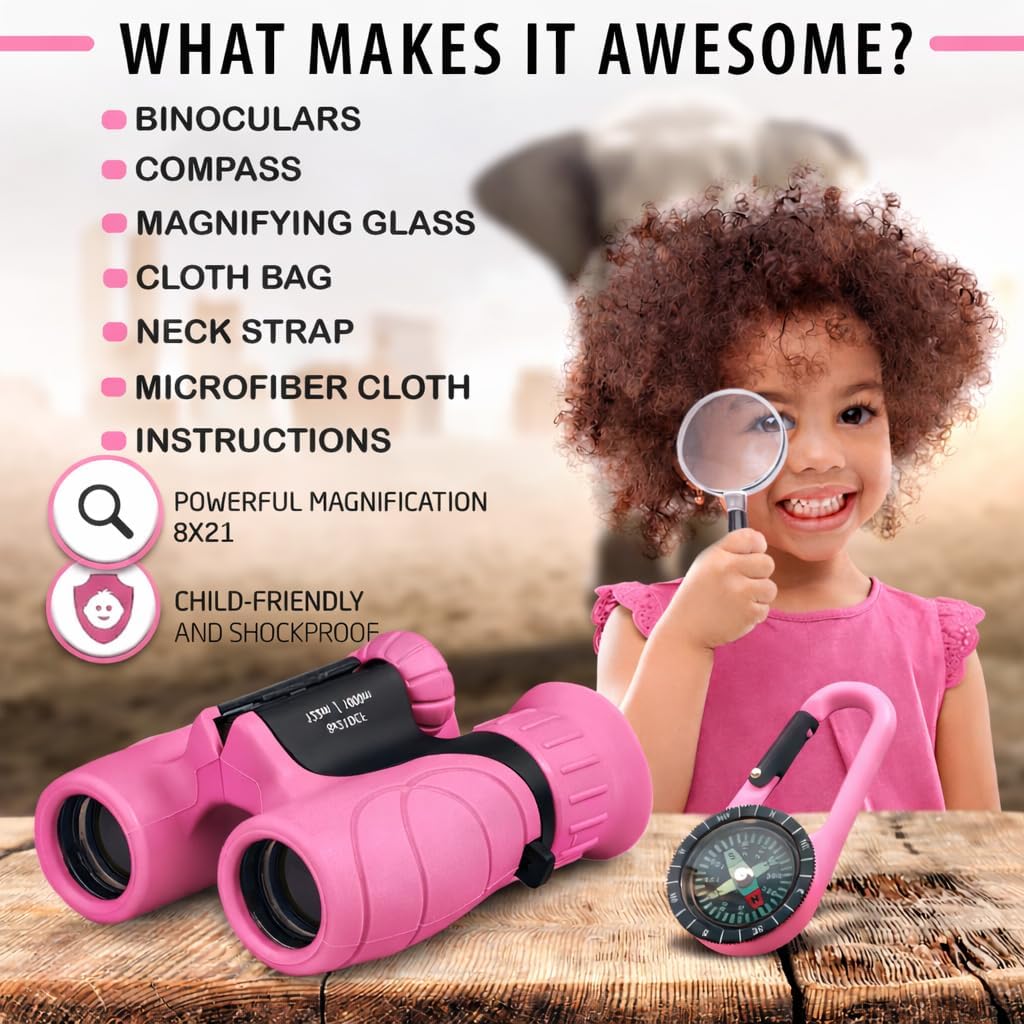 Binoculars for Kids – Perfect Toy for Little Boys and Girls – Extensive Set Incl. Magnifying Glass & Compass – Powerful Magnification 8X21 – 3 to 12 Year Old Kids for Toddler