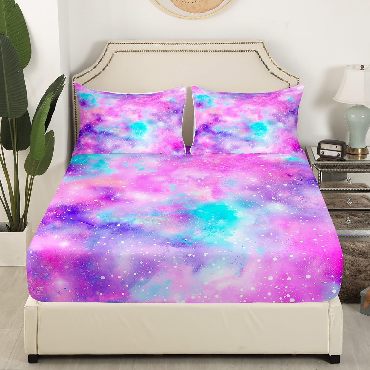 Manfei Musical Kids Fitted Sheet Full Size, MusicalGuitar Radio Drum Kit Headset Print Bedding Set 3pcs for Boys Girls, Rock Music Bed Cover with 2 Pillowcases, Soft Polyester Bedding, No Top Sheet