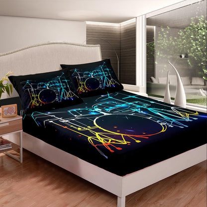 Drum Kit Fitted Sheet,Full Size Rock Music Collections Musical Instruments Theme,Soft Decorative Fabric Bedding Deep Pocket for Children Teens Young Boys Girls,with 2 Pillowcases