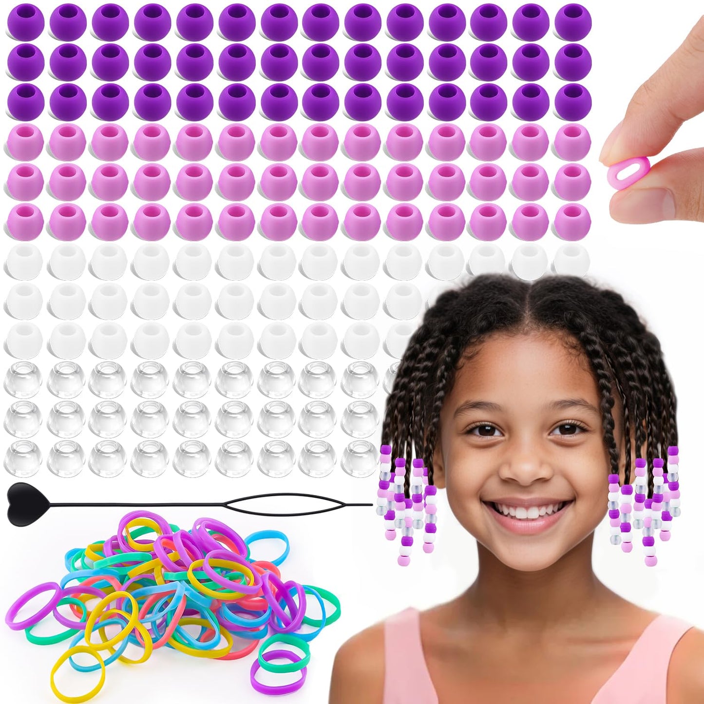150Pcs 10mm Small Silicone Beads for Hair Braids, Soft Jellyish Pony Hair Beads with 5mm Hole + 50 Rubber Bands and 1 Beader for Braiding, DIY Bracelets Necklaces Crafts (Pink)